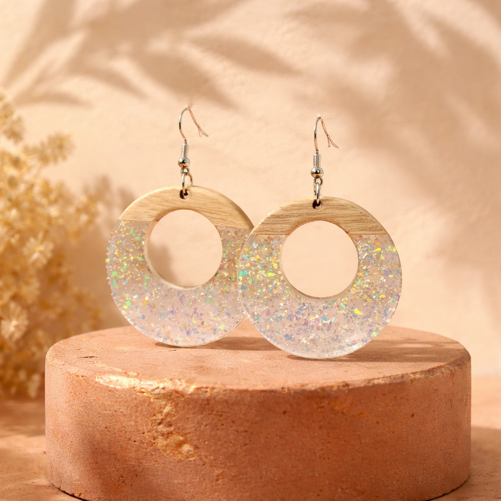 E07 Hyperallergic Chic Glitter Wood Resin Drop Earrings