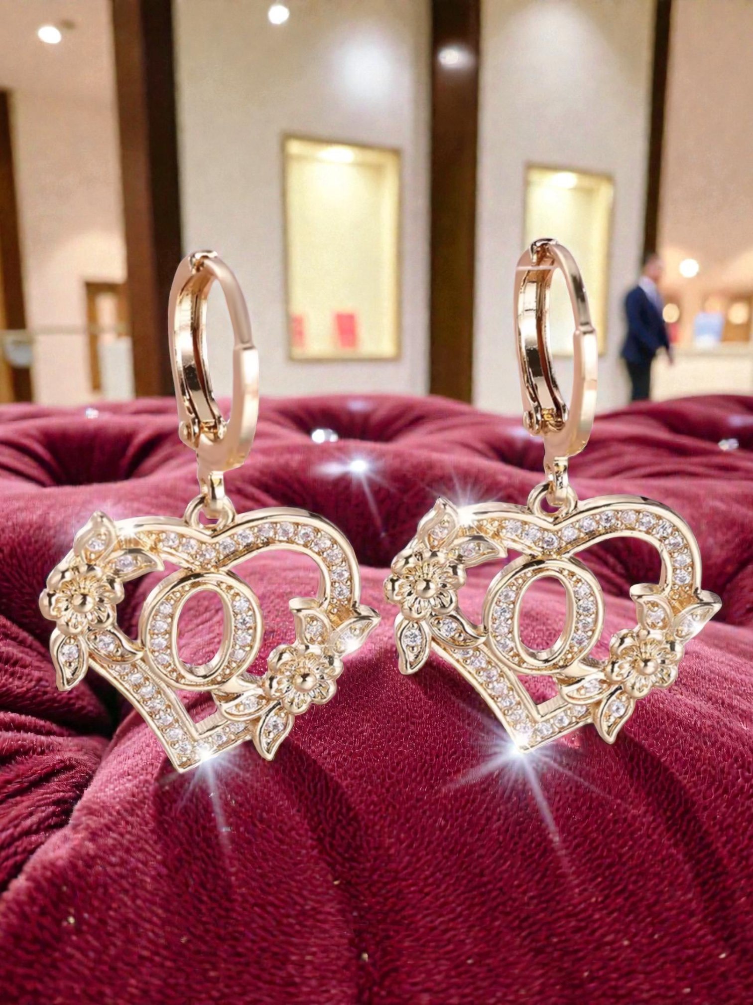 L117 Sassy's Pearls & Gentlemen Band'S Floral Initial "Q" Hoop Earrings Heart & Flower Drop Earrings