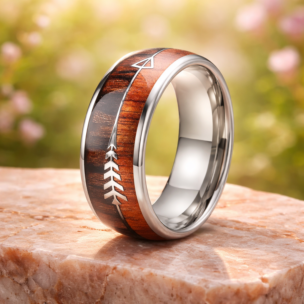 BB10 Elegant Vintage Stainless Arrow Wood Inlay Silver, Rose, Or Black Stainless Steel Ring
