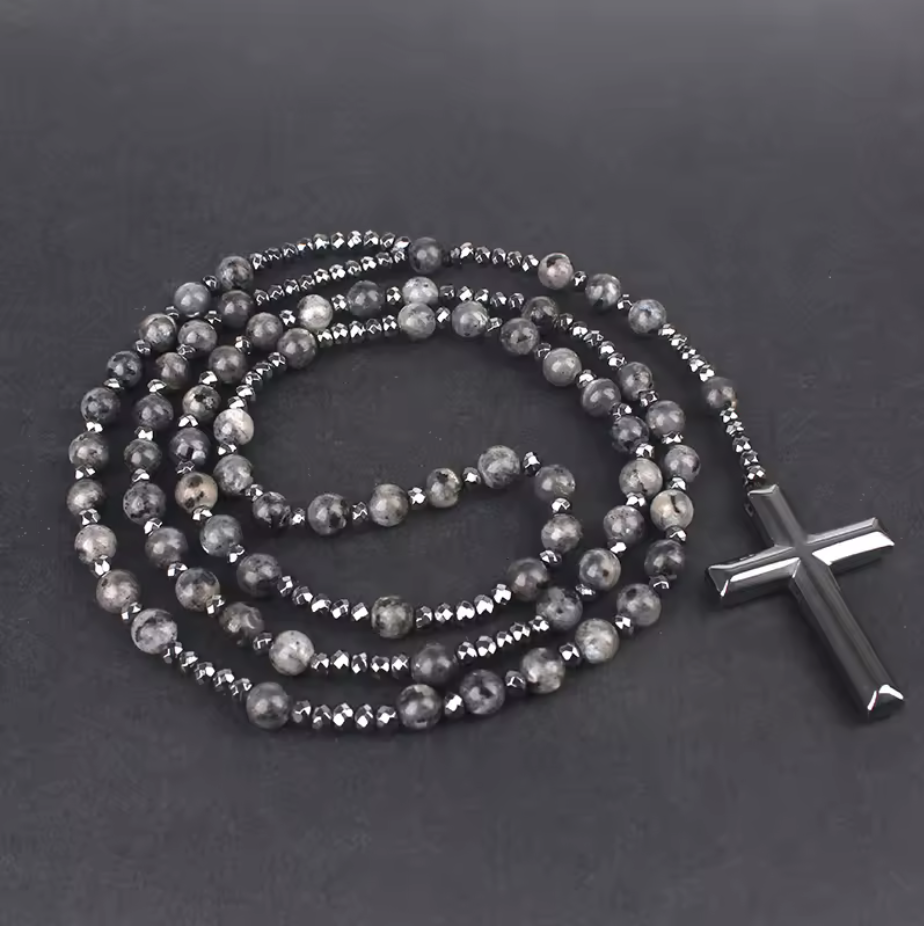Handcrafted Gemstone Rosary Necklace with Metallic Cross