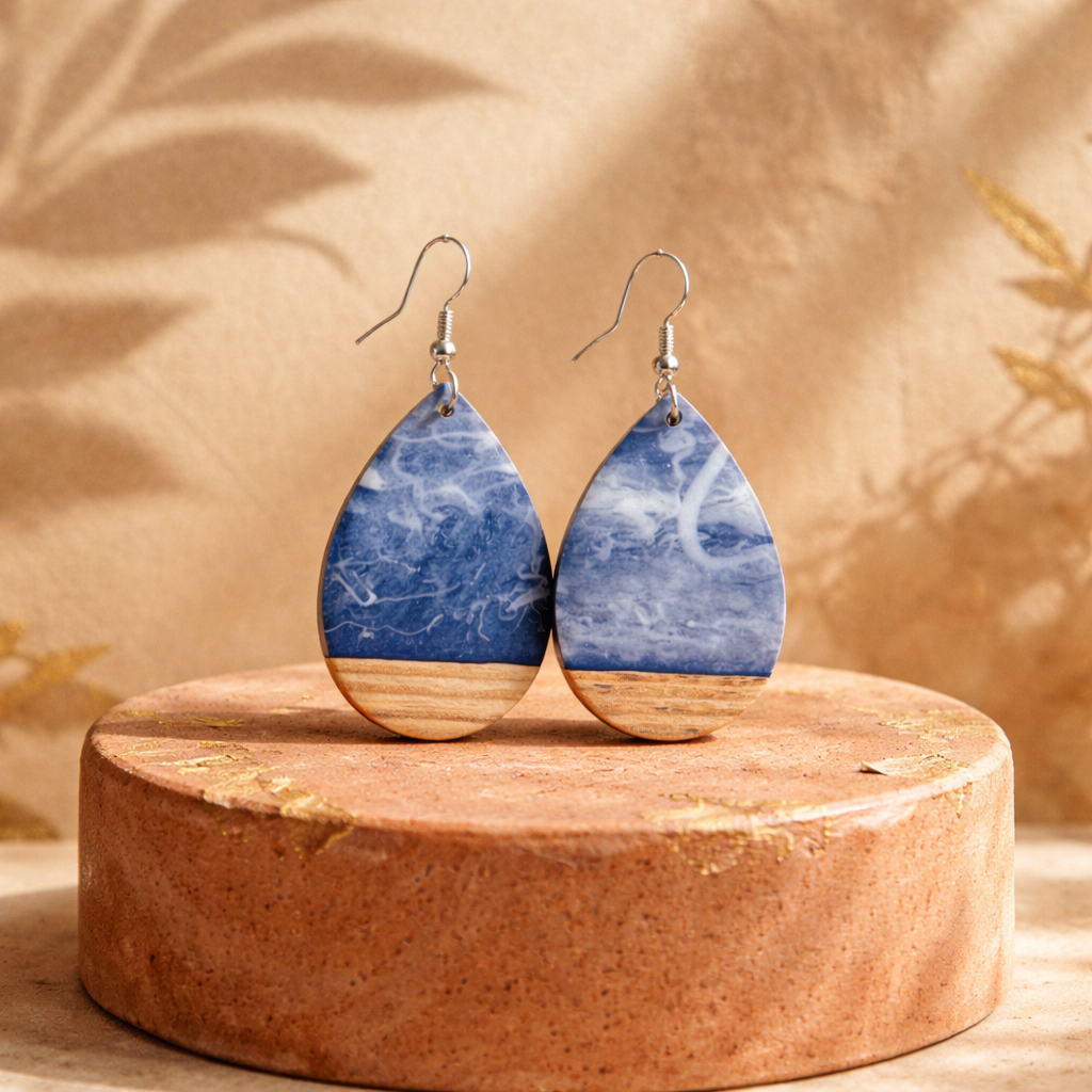 E29 Ocean Wave Wood & Resin Earrings