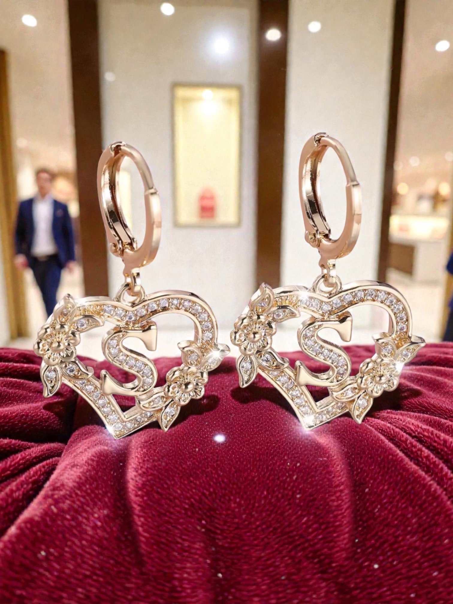 L119 Sassy's Pearls & Gentlemen Band'S Floral Initial "S" Hoop Earrings-Shaped Crystal Earrings in Rose Gold