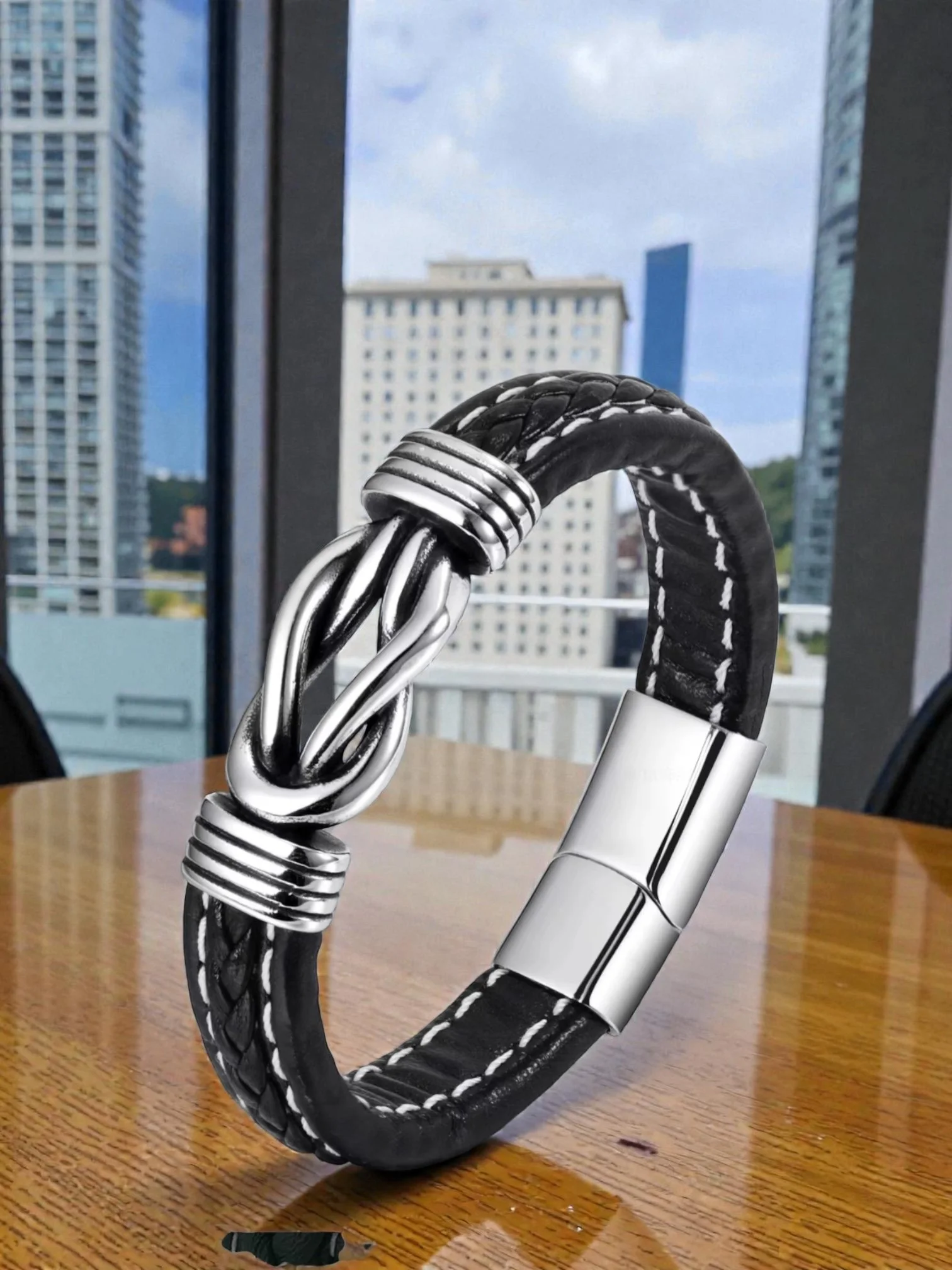 BL005 Black with White s in a Infinity Leather Silver Leather Bracelet with Gold Knot Detailing Braided Clasp Bracelet