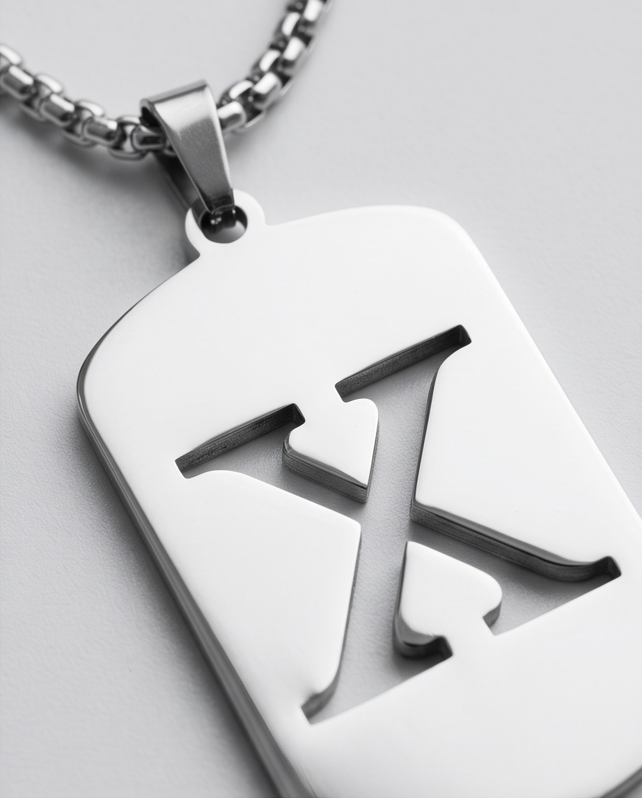 20' Diamond Cut Mirror Cut Out Alphabet initial "X" Dog Tag Necklace