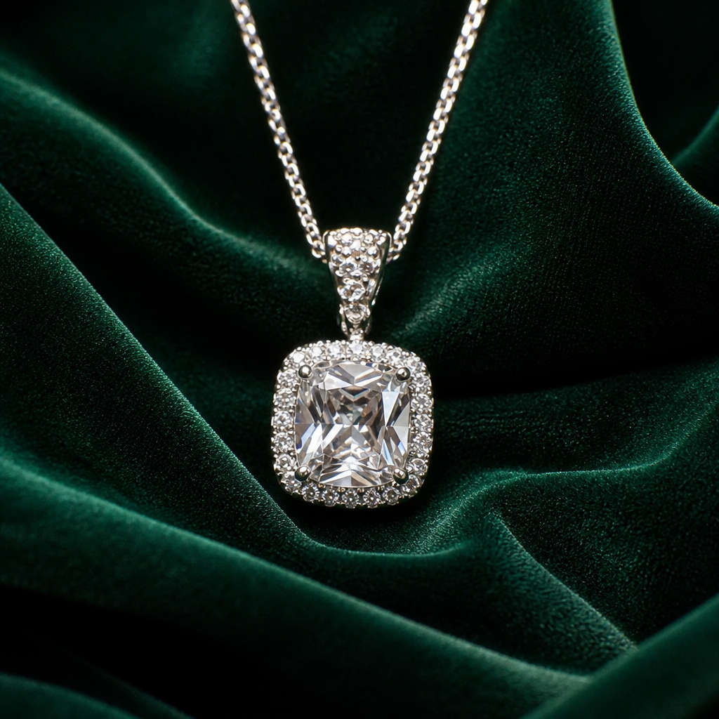 FJ236 Sterling Silver Square-Cut Halo Pendant Necklace