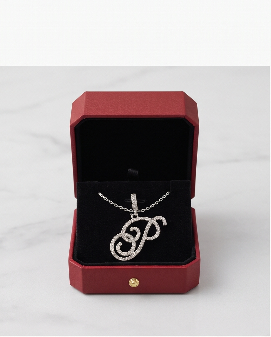 Large Multi-Cubic Zirconia Shaped Letter "P" With Red Box and Option for Herringbone Necklace (Limited of Edition)