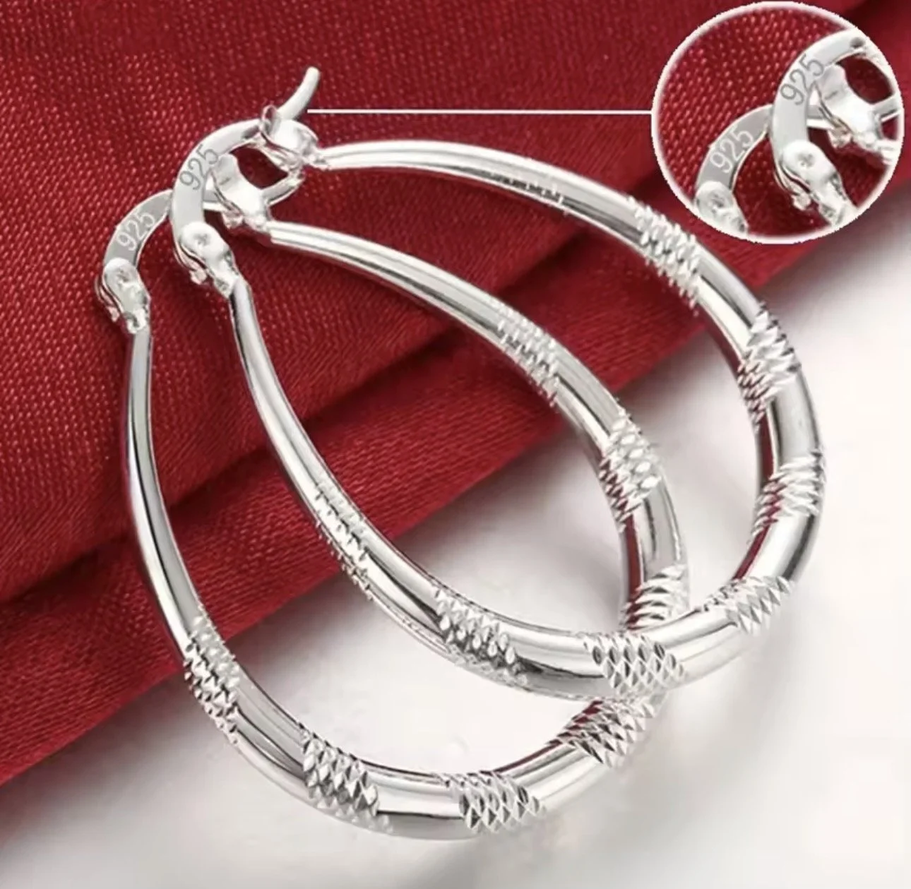 ER001 925 Sterling Silver Textured Hoop Earrings