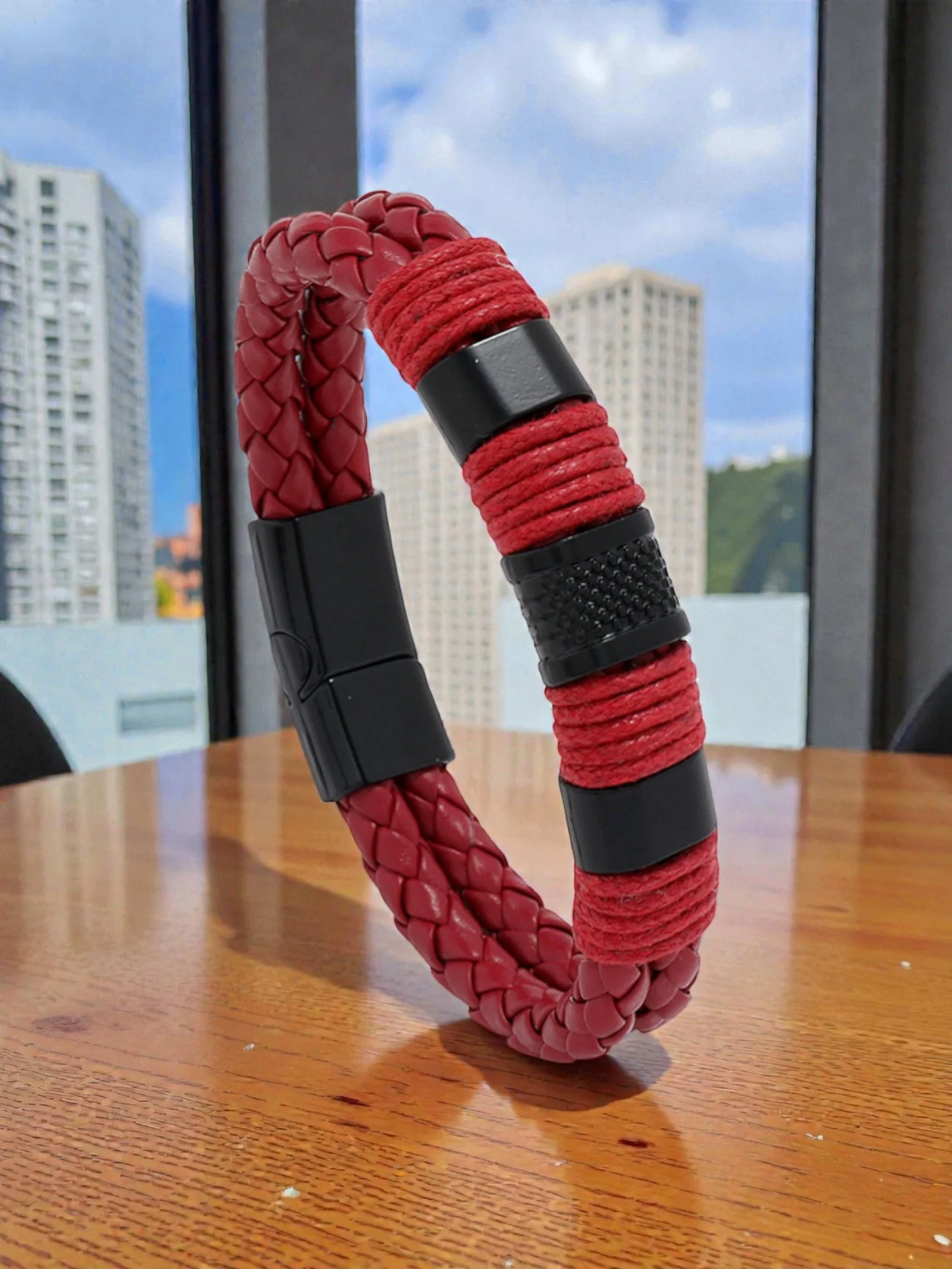 BL036 Red Braided Leather and Paracord Bracelet