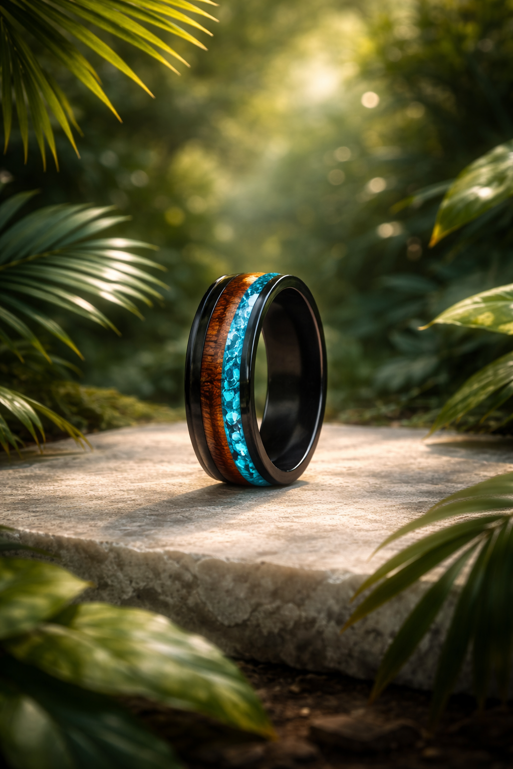 HR001 Turquoise & Wood Tungsten Ring