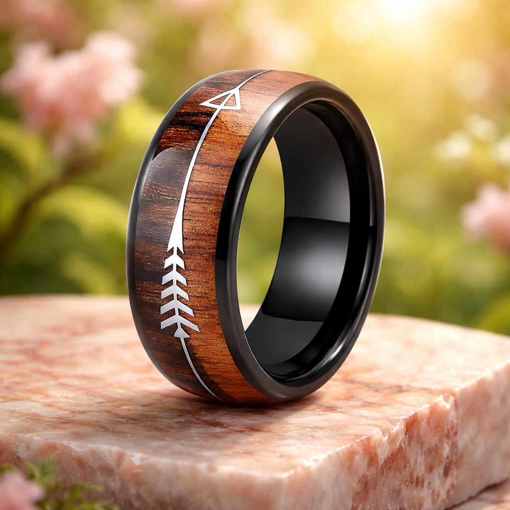BB10 Elegant Vintage Stainless Arrow Wood Inlay Silver, Rose, Or Black Stainless Steel Ring