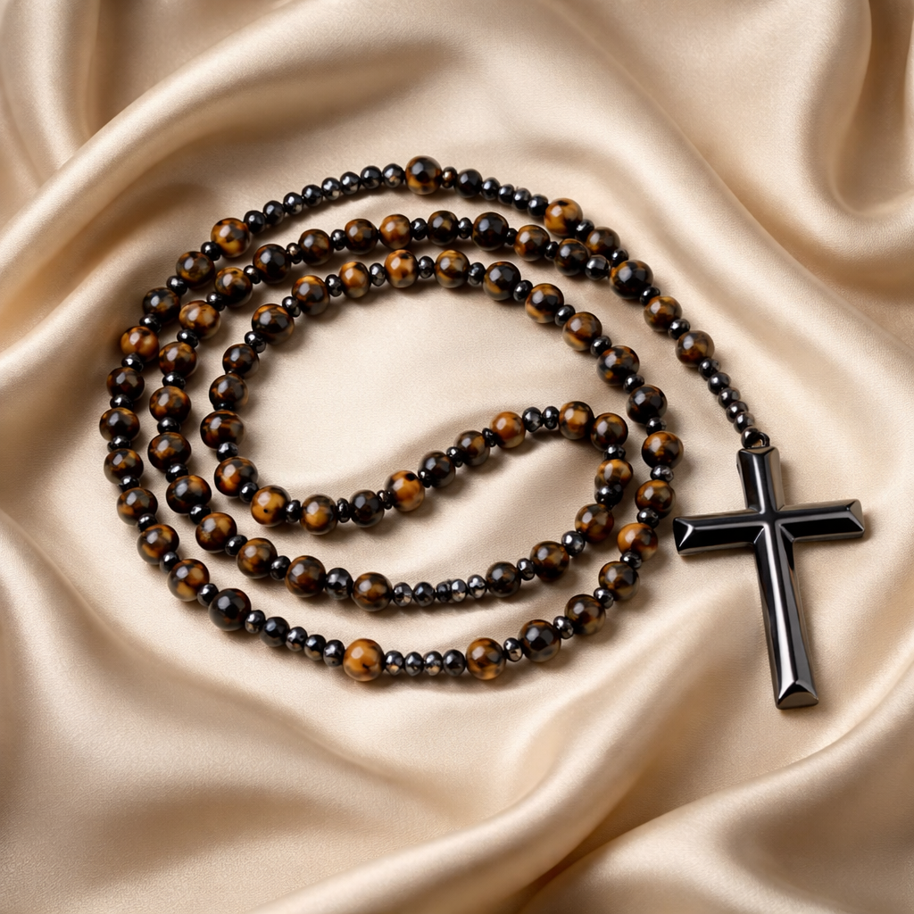 RS130 8' Tiger Eye Beaded Necklace with Cross Pendant