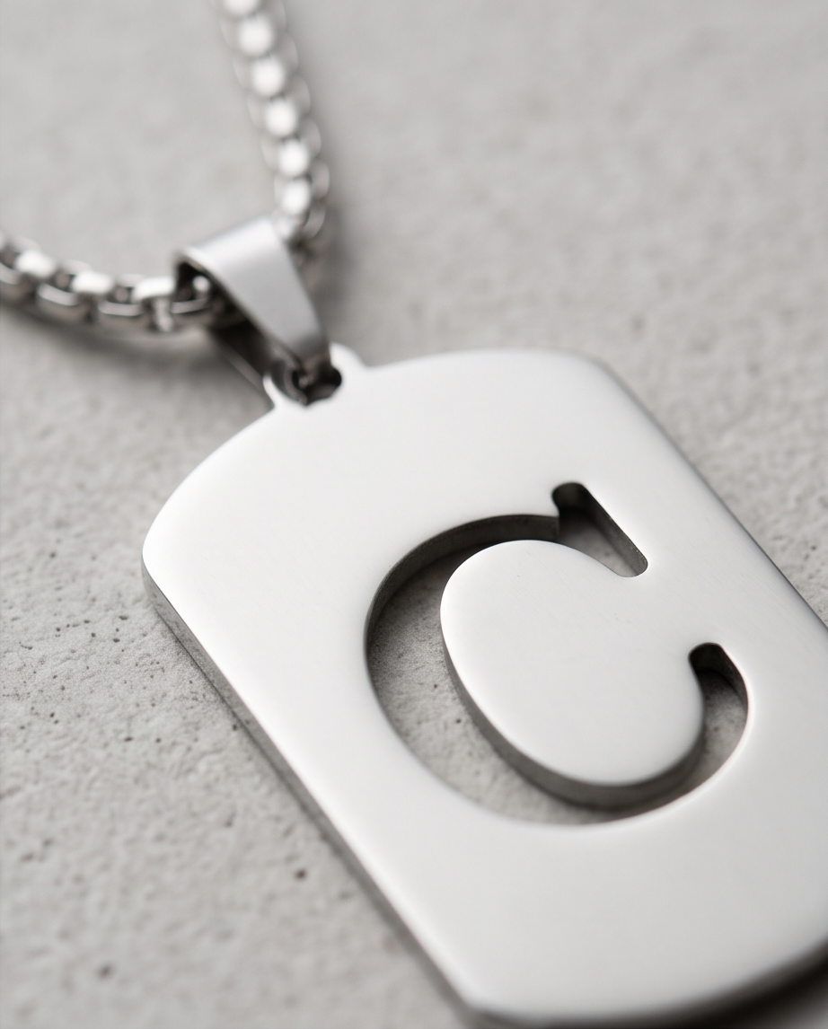 Diamond Cut Stainless Steel Initial "C" Dog Tag Necklace
