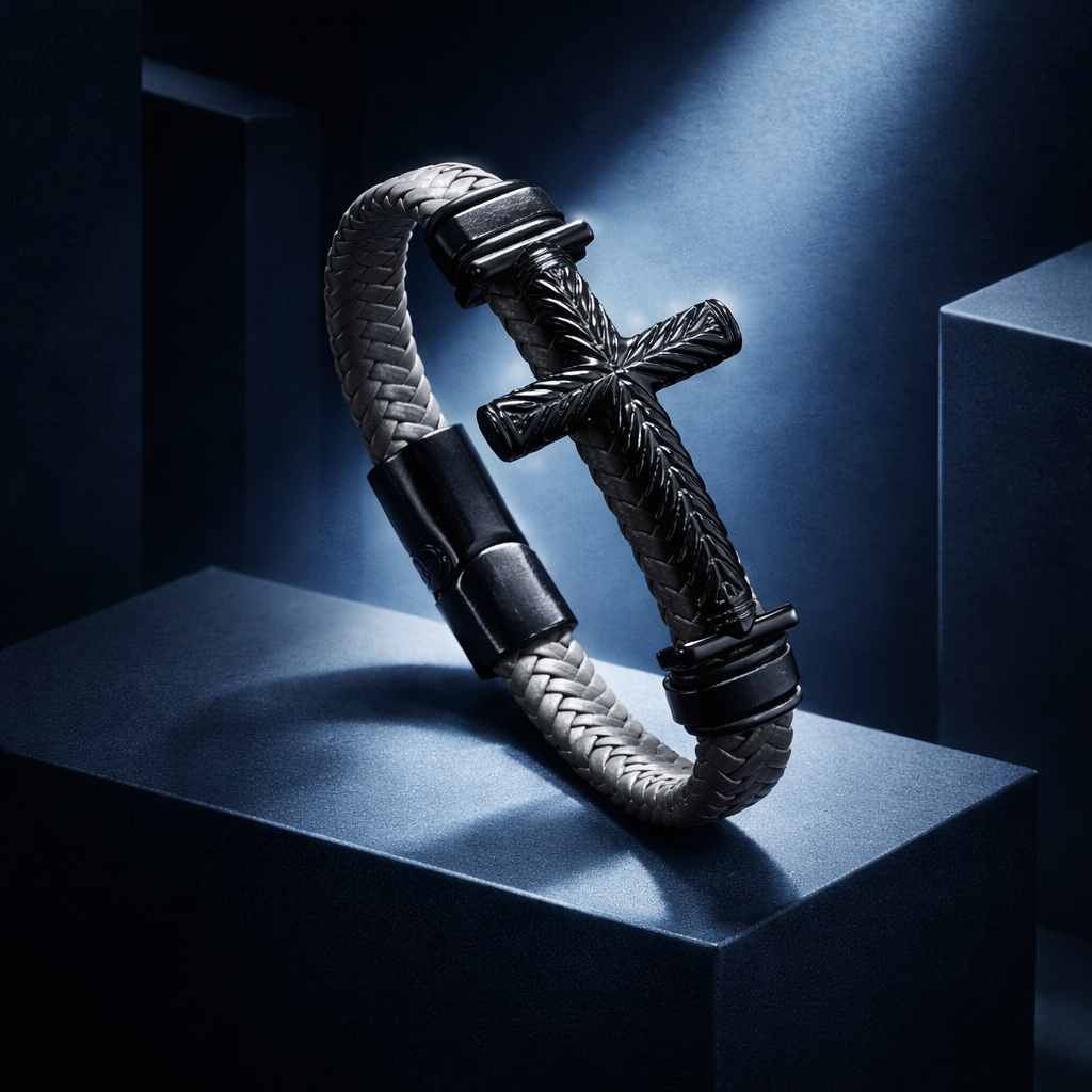 BL014 Gray Braided Leather Cross Bracelet