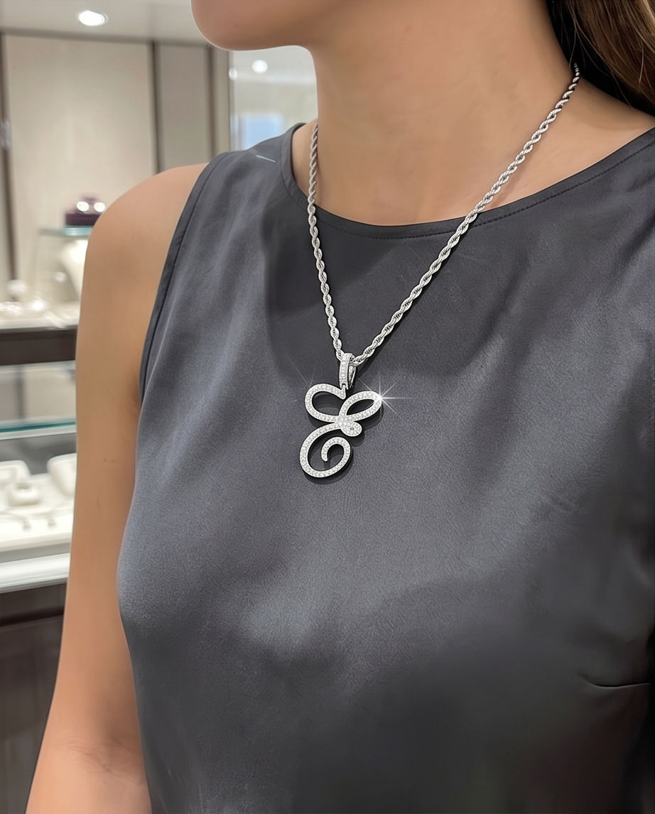 Close-up of a woman wearing a black sleeveless top and a silver necklace with a large, ornate pendant.