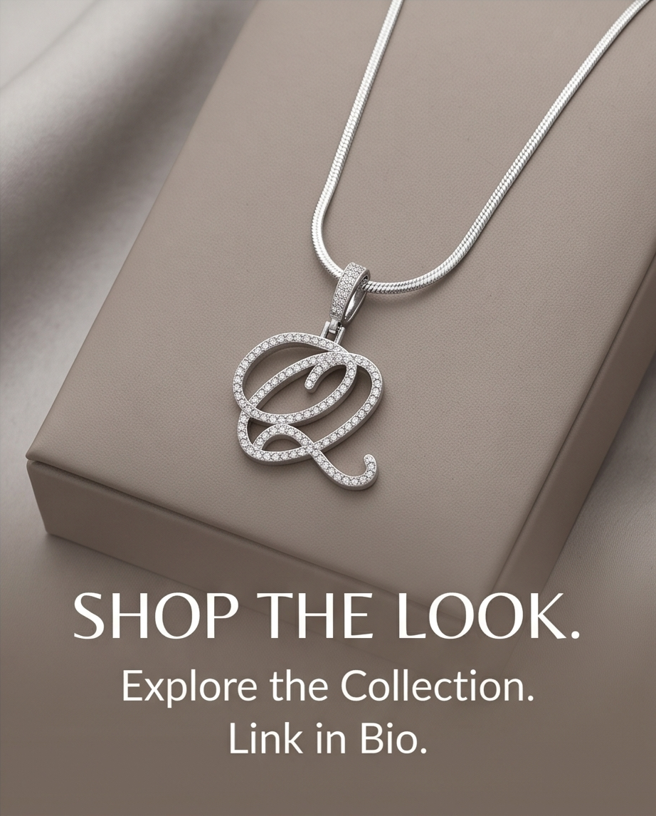 Large Multi-Cubic Zirconia Shaped Letter "Q" With Red Box and Option for Herringbone Necklace (Limited of Edition)