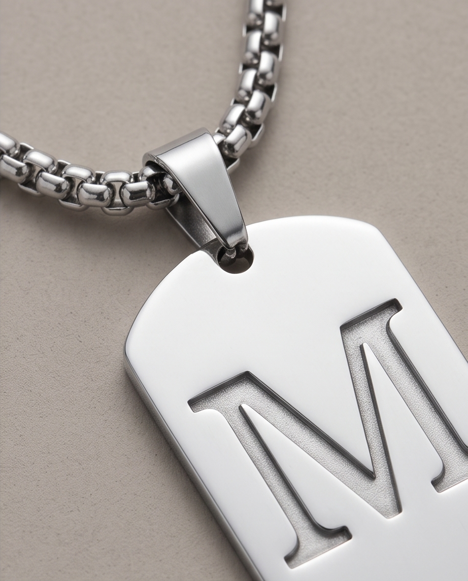 20' Diamond Cut Mirror Cut Out Alphabet initial "M" Dog Tag Necklace