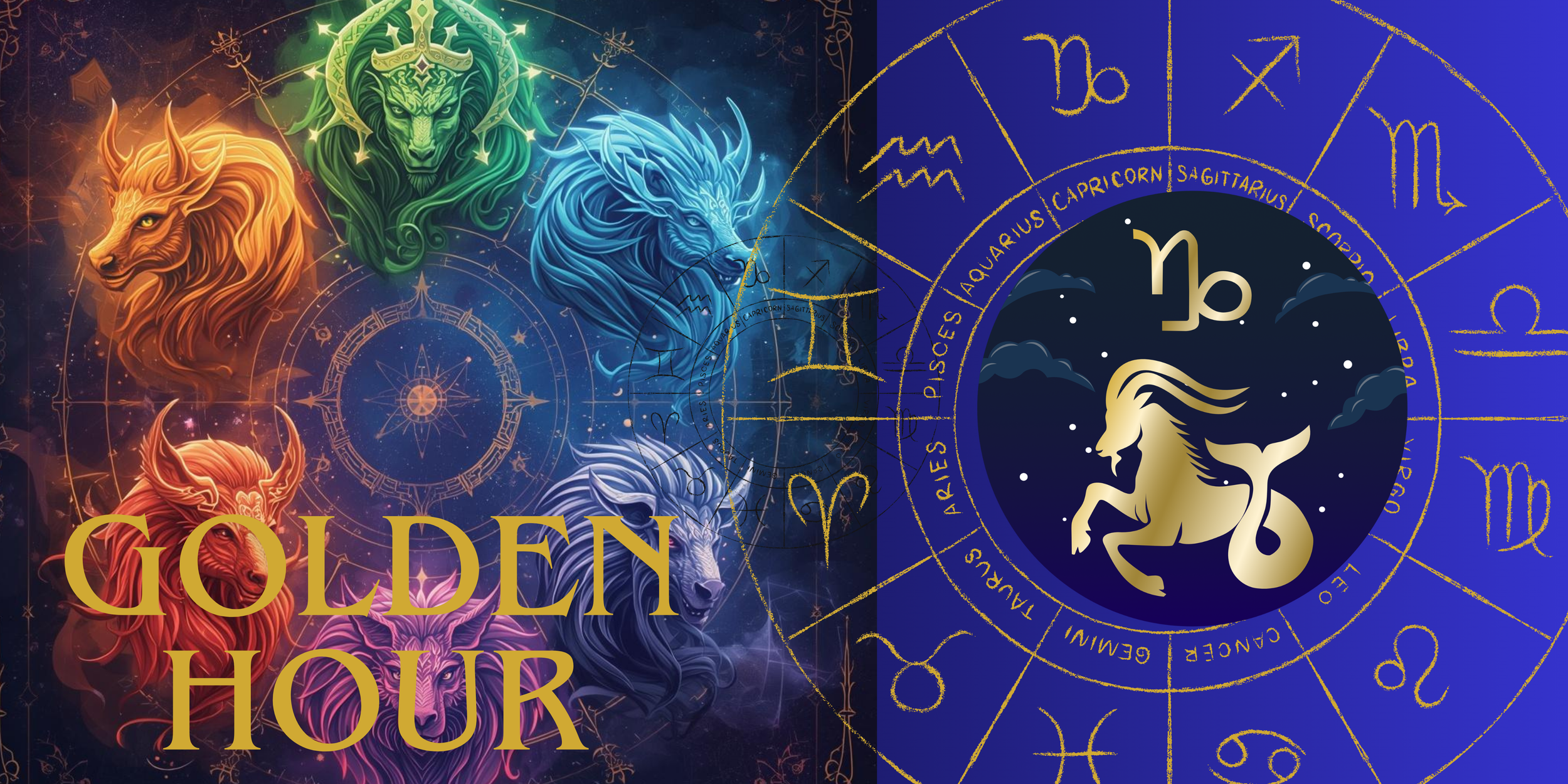 Illustration of the zodiac signs with a focus on Leo, Cancer, and Virgo, featuring mystical symbols and celestial elements, along with the text 'Golden Hour' in gold letters.
