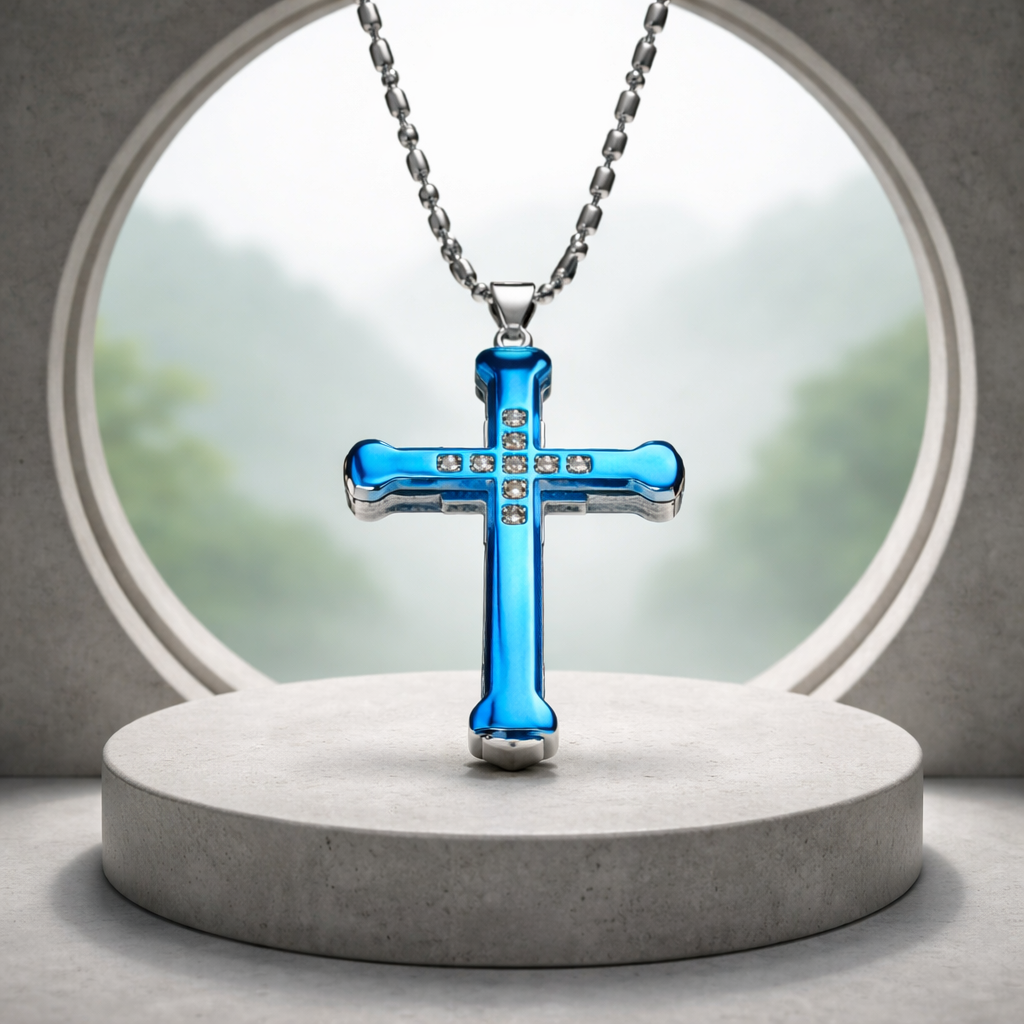 D05 Blue Cross Pendant Necklace with Cubic Zirconia