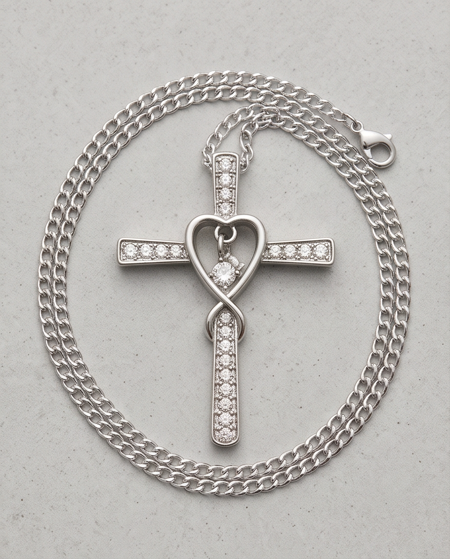 925 Sterling Silver Heart & Cross Stainless Steel Necklace with Cubic Zirconia