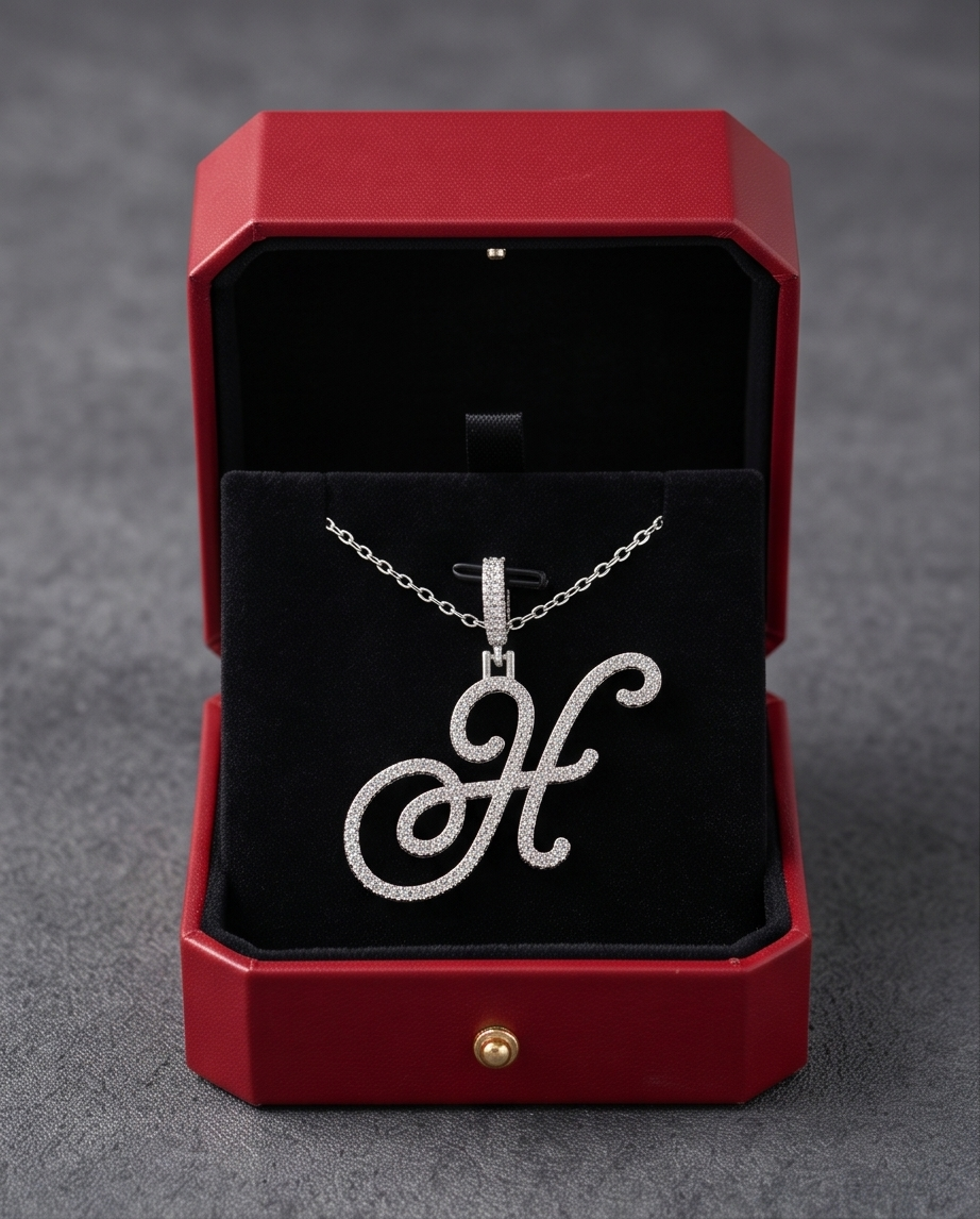 Large Multi-Cubic Zirconia Shaped Letter "H" With Red Box and Option for Herringbone Necklace (Limited of Edition)