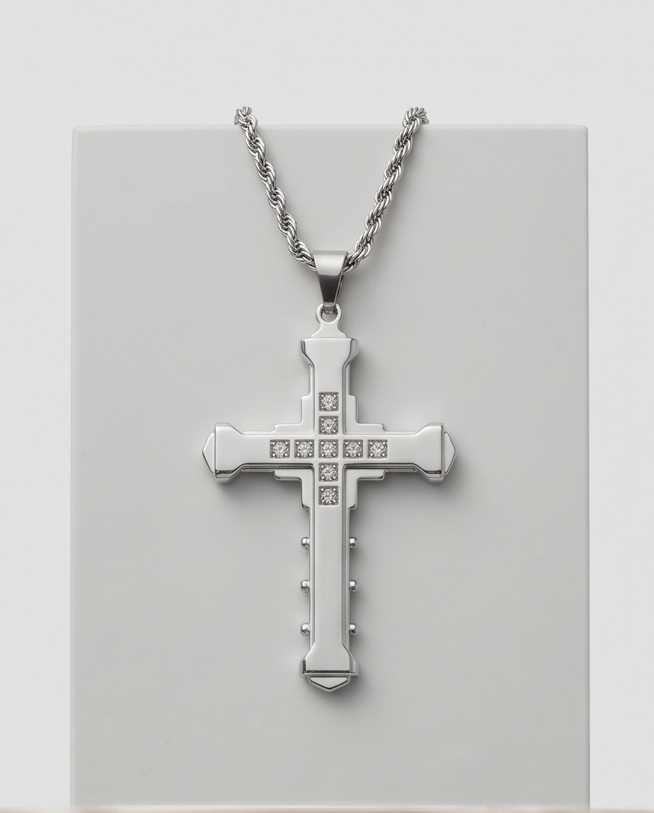Stainless Steel Cross Pendant Necklace with Cubic Zirconia