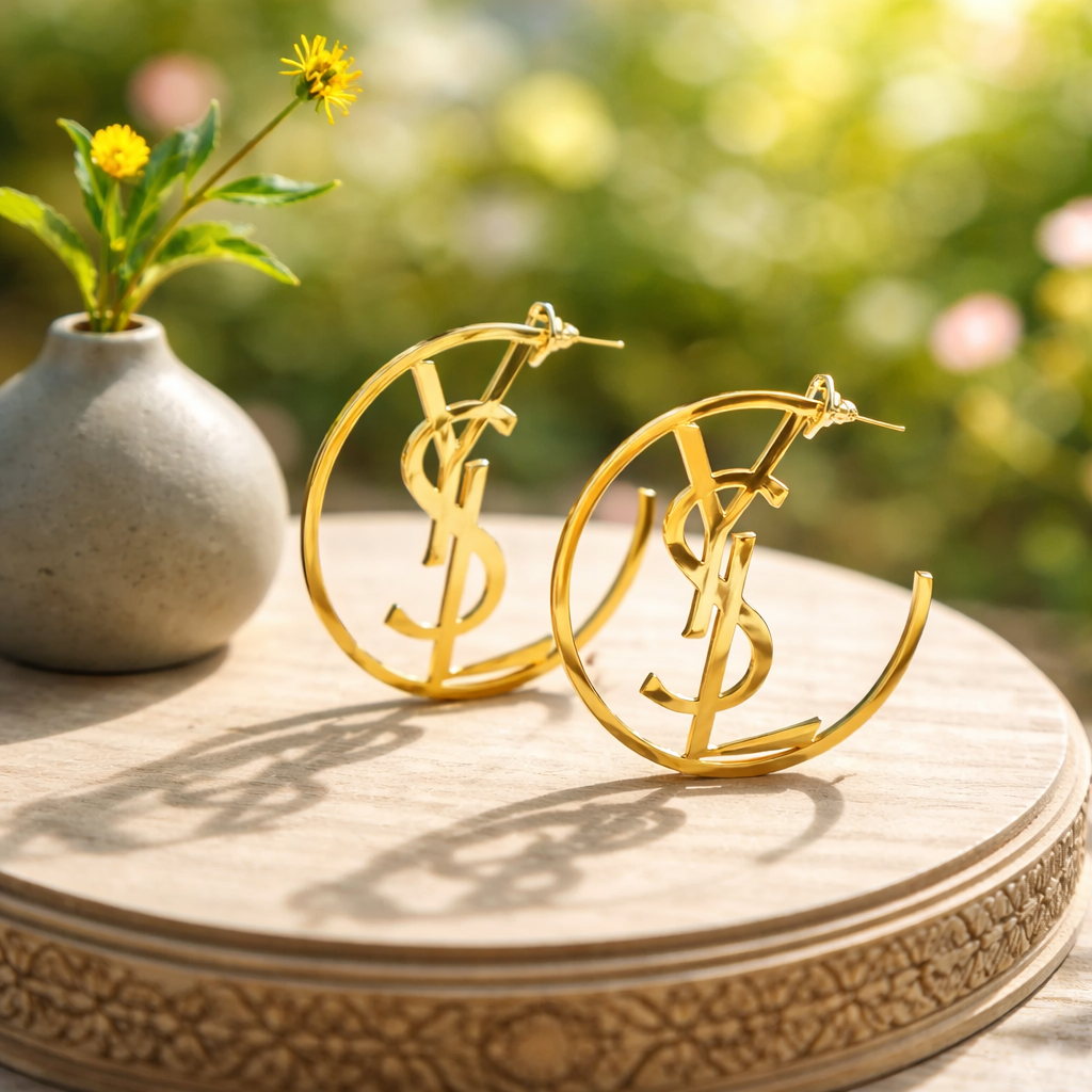 E19 Gold Brand Sign Hoop Earrings