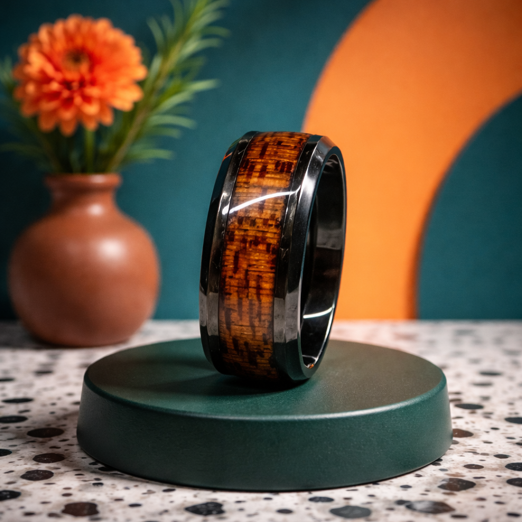 HR011 Exotic Wood Inlay Stainless Steel Ring