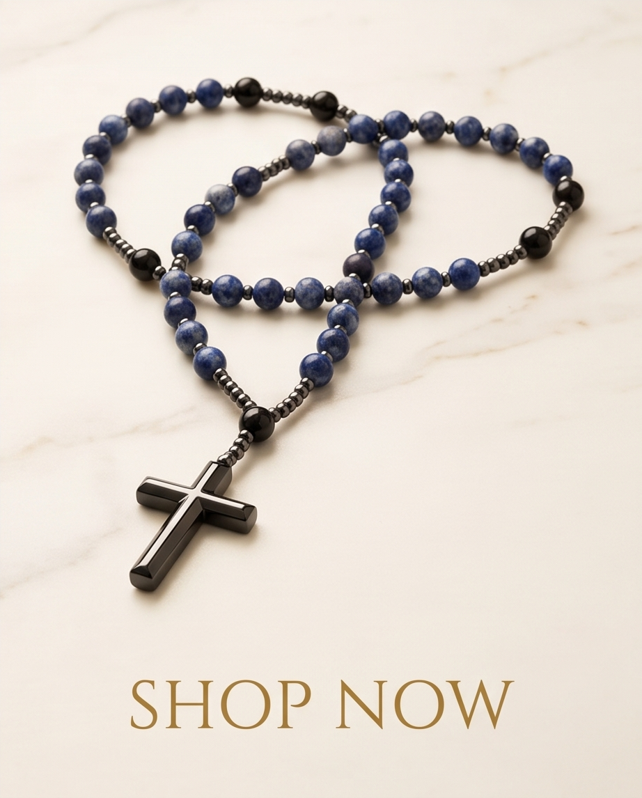 6mm Blue Gemstone & Black Cross Pendant Necklace