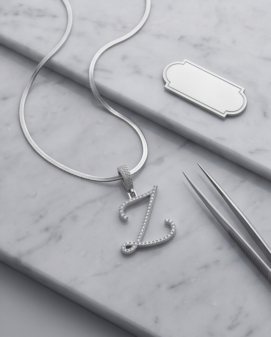 Large Multi-Cubic Zirconia Shaped Letter " V" With Red Box and Option for Herringbone Necklace (Limited of Edition)