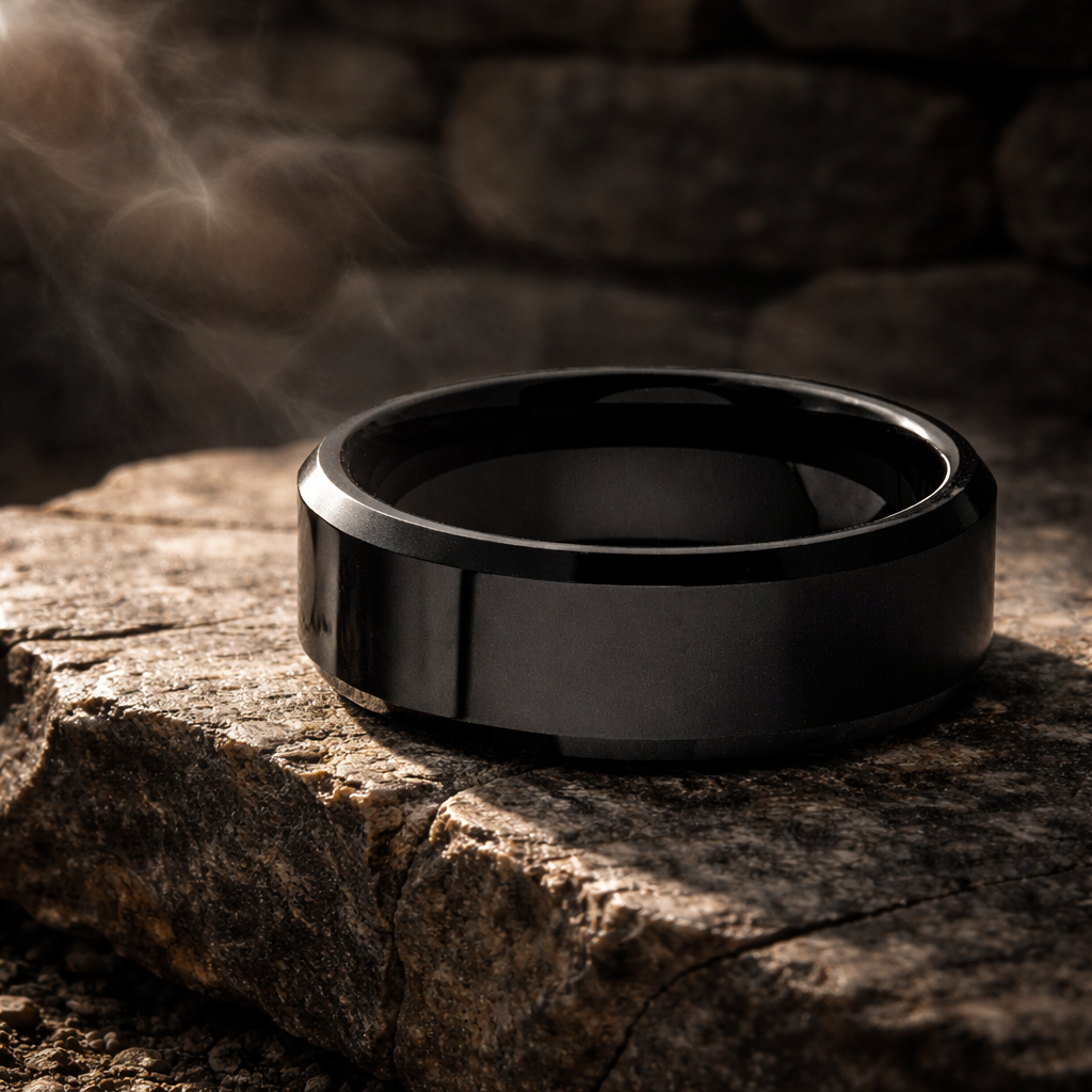 BB001 Black, Silver, or Gold Beveled Tungsten Carbide Ring; including a ring box