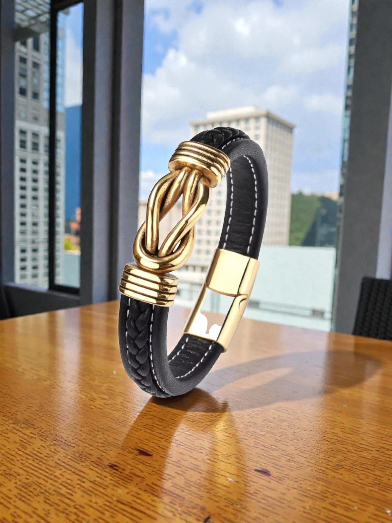 BL004 Red Infinity Leather Gold  Leather Bracelet with Gold Knot Detailing Braided Clasp Bracelet
