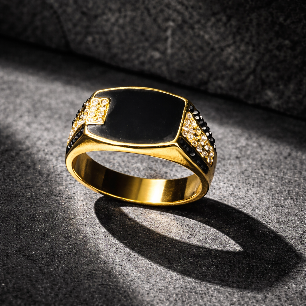 Gold-Plated Black & Crystal Ring