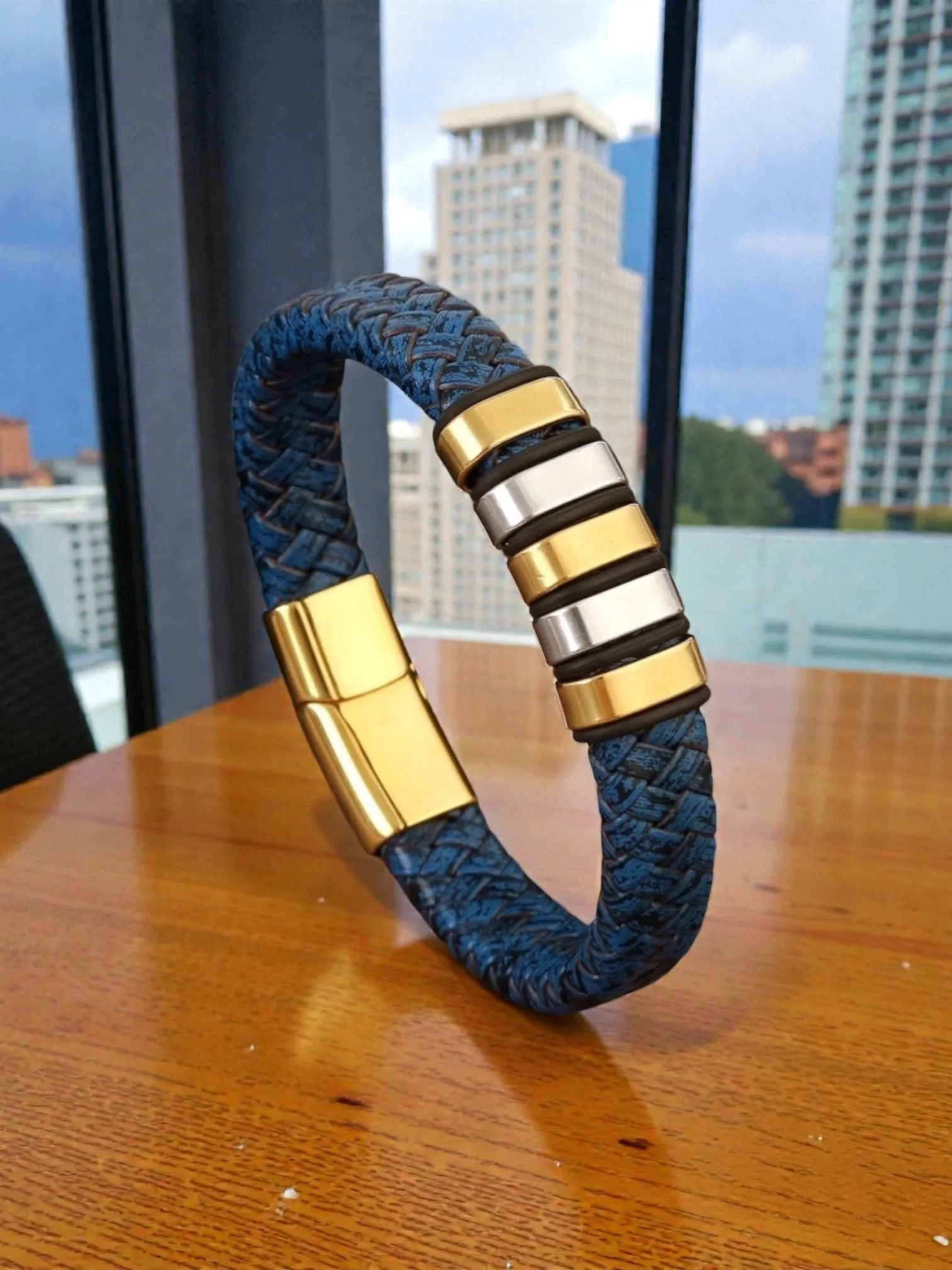 BL038 Braided Leather Bracelet with Gold & Silver Accents