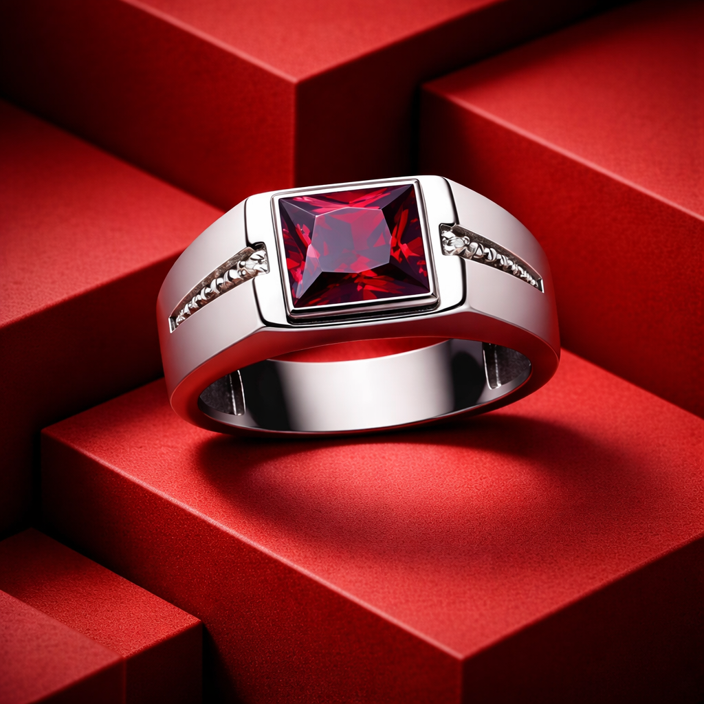 Men's Sterling Silver Red Gemstone Ring