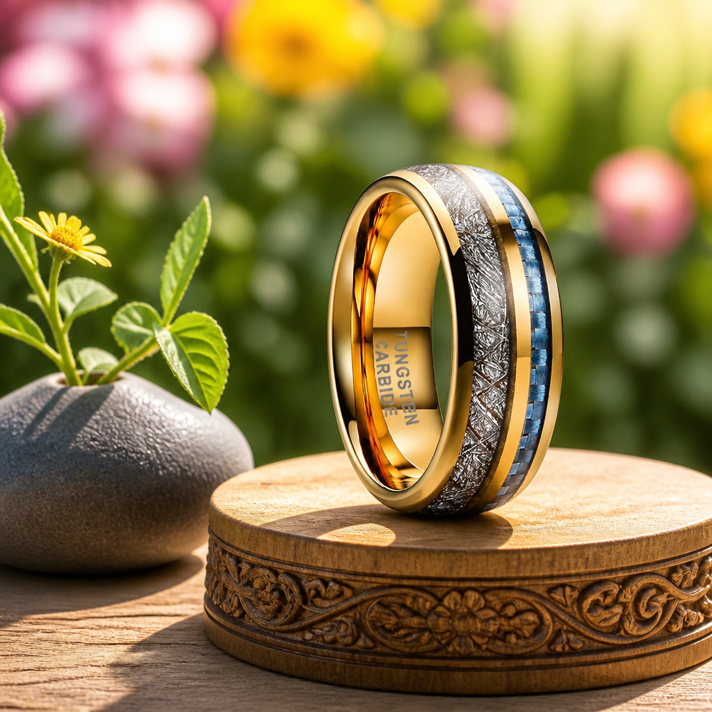 Exquisite Tungsten Carbide Ring with Blue Opal & Meteorite Inlay