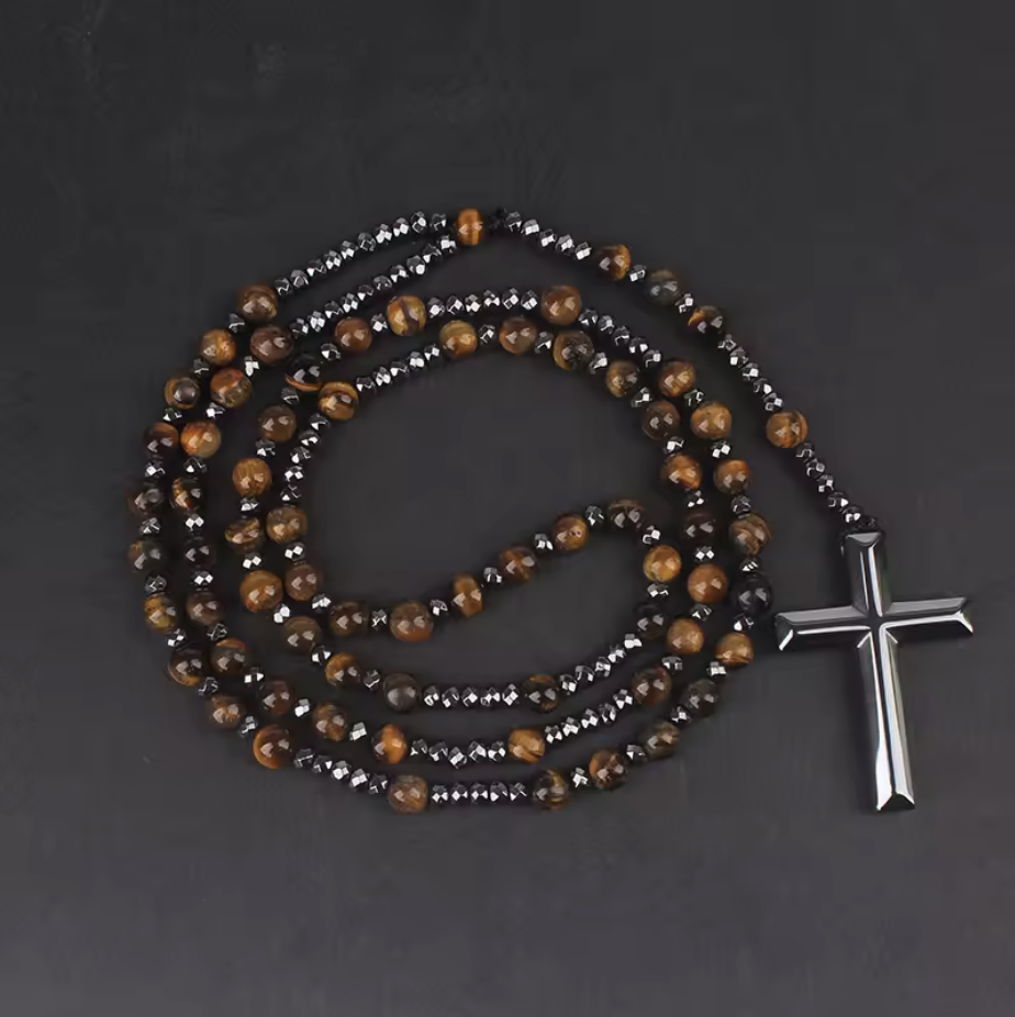8' Tiger Eye Beaded Cross Necklace