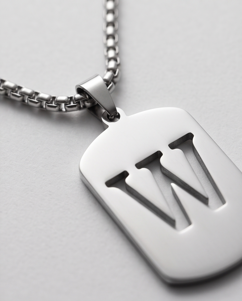 20' Diamond Cut Mirror Cut Out Alphabet initial "W" Dog Tag Necklace