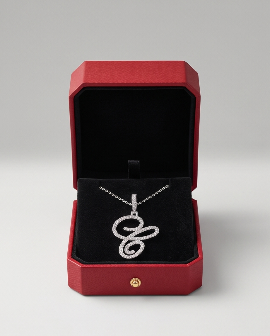 Large Multi-Cubic Zirconia Shaped Letter "C" With Red Box and Option for Herringbone Necklace (Limited of Edition)