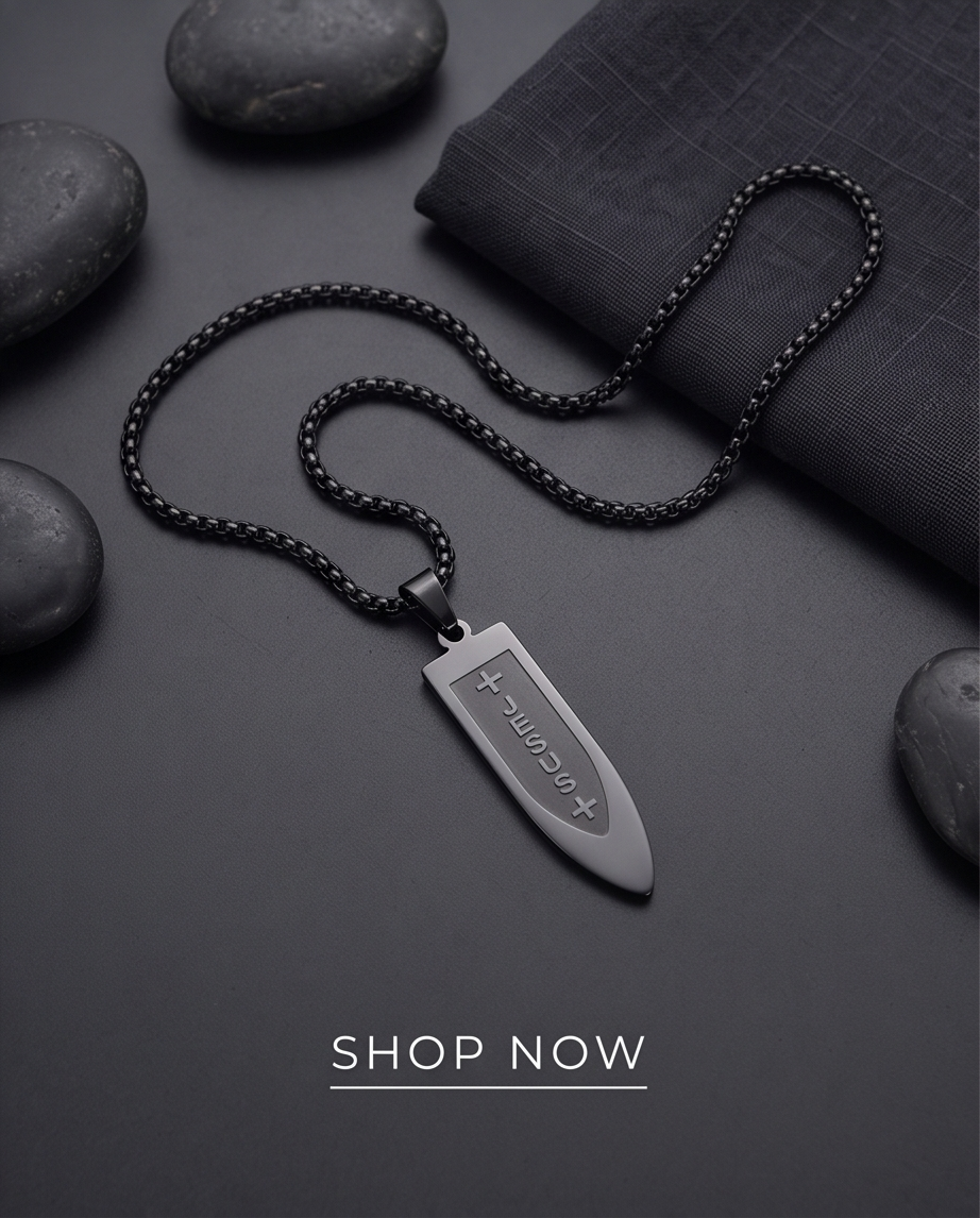 Black Steel Engraved Pendant Necklace