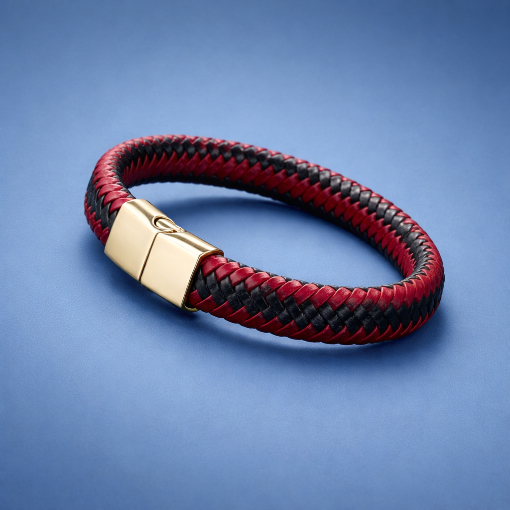 BL021 Red with Black Braided In the Middle Leather Bracelet with Gold Clasp