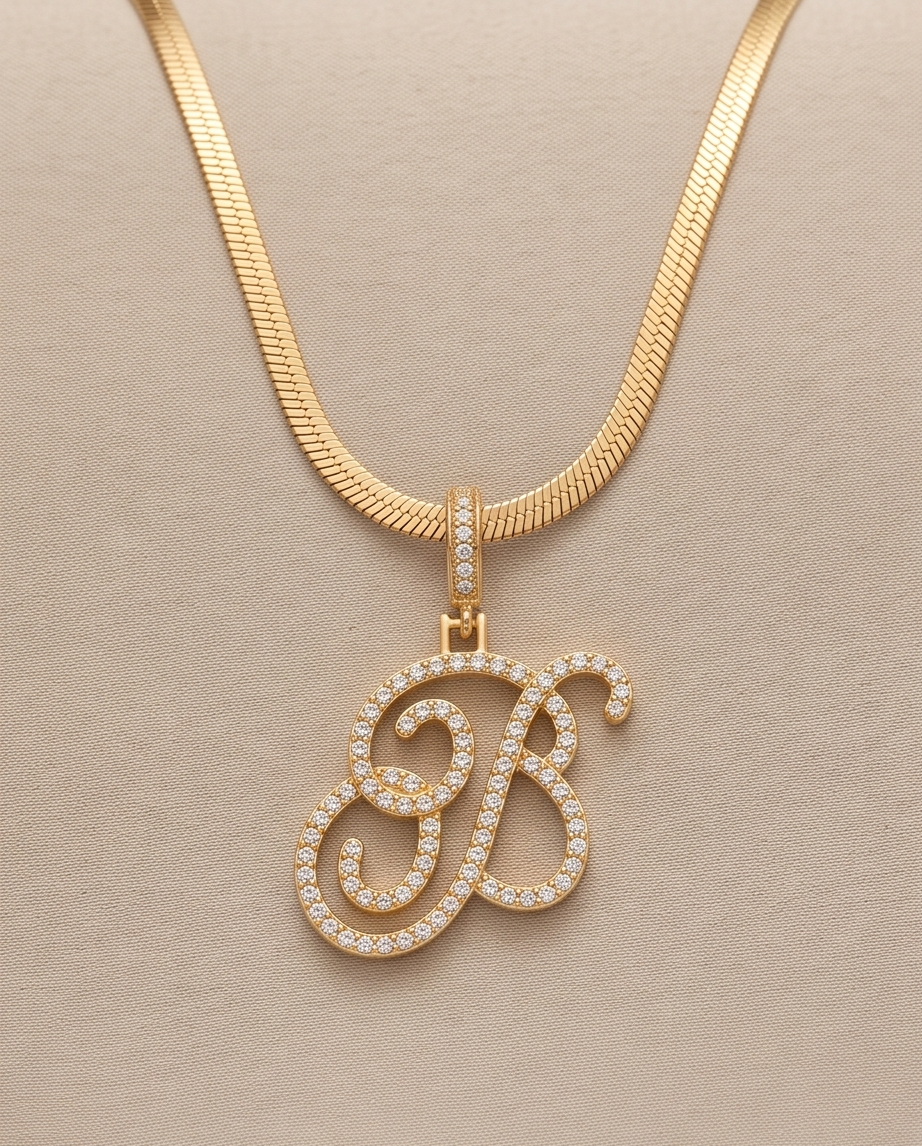 Large Multi-Cubic Gold Zirconia Shaped Letter "B" With Red Box and Option for Herringbone Necklace (Limited of Edition) $27.99 Elegance Gold Necklace