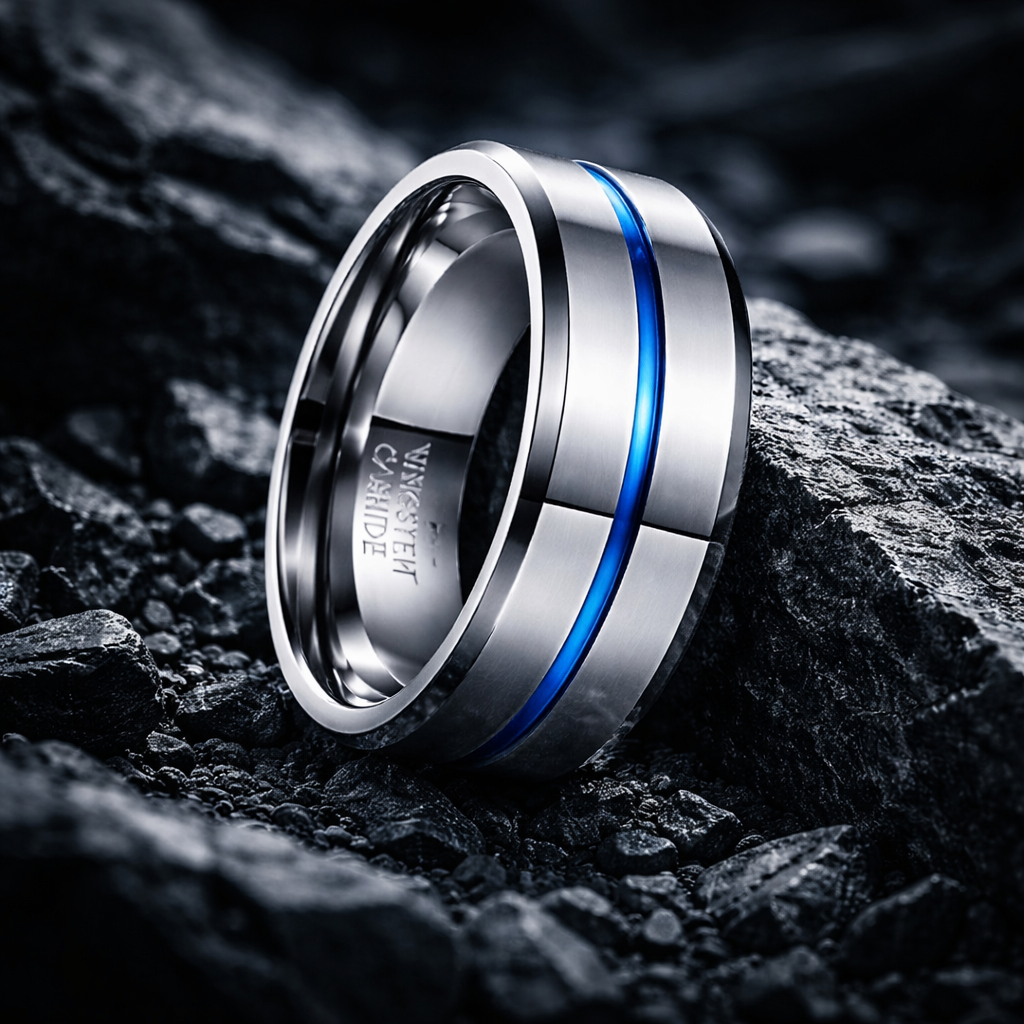BB004 Sasses Tungsten Carbide Ring with Blue Stripe:  Ring Box included