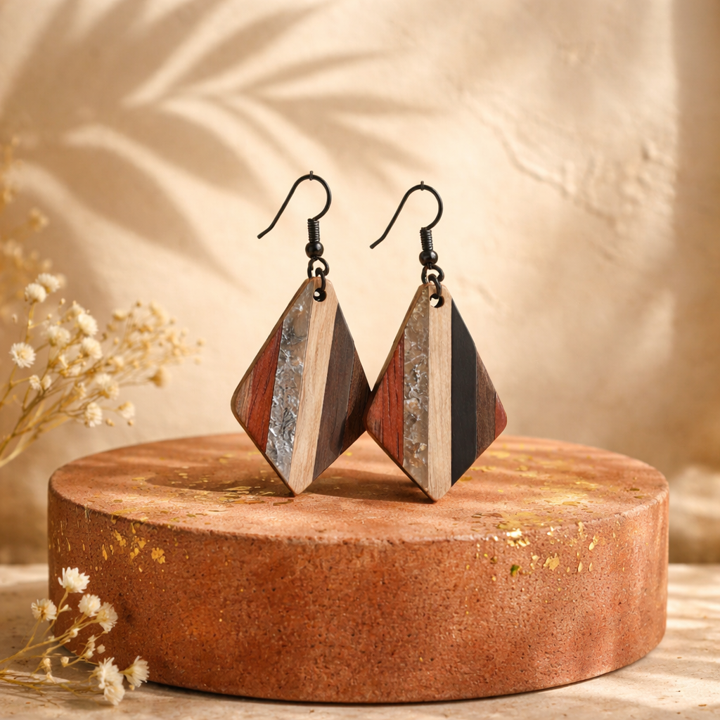 E24 Geometric Wooden & Metal Artisan Earrings