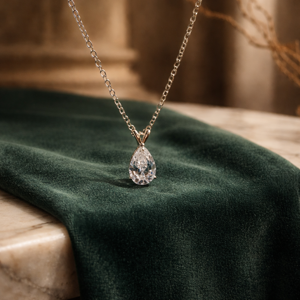 SK308 Sterling Silver 925 16' Teardrop Crystal Pendant Necklace