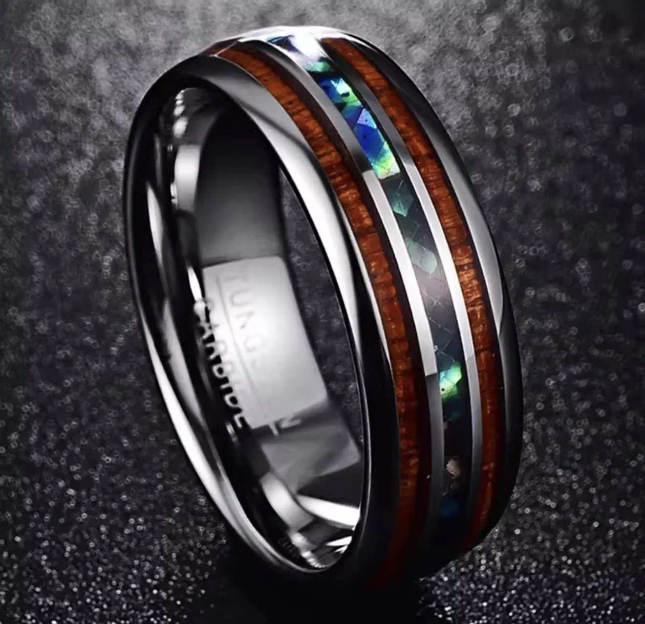 Tungsten Carbide Wood and Abalone Shell Inlay Ring