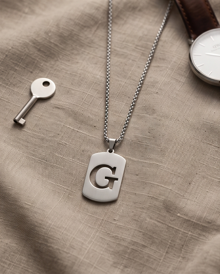 20' Diamond Cut Mirror Cut Out Alphabet initial "G" Dog Tag Necklace