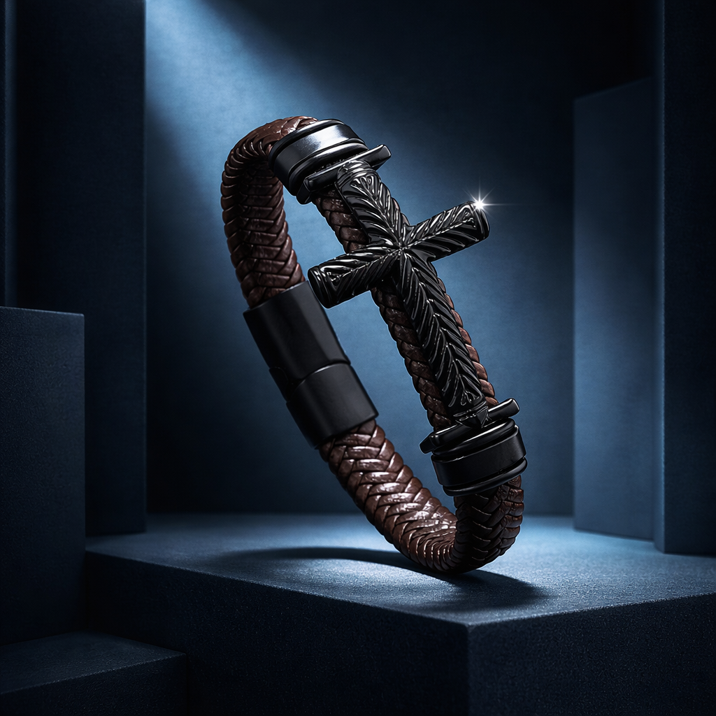 BL013 Brown Braided Leather Cross Bracelet