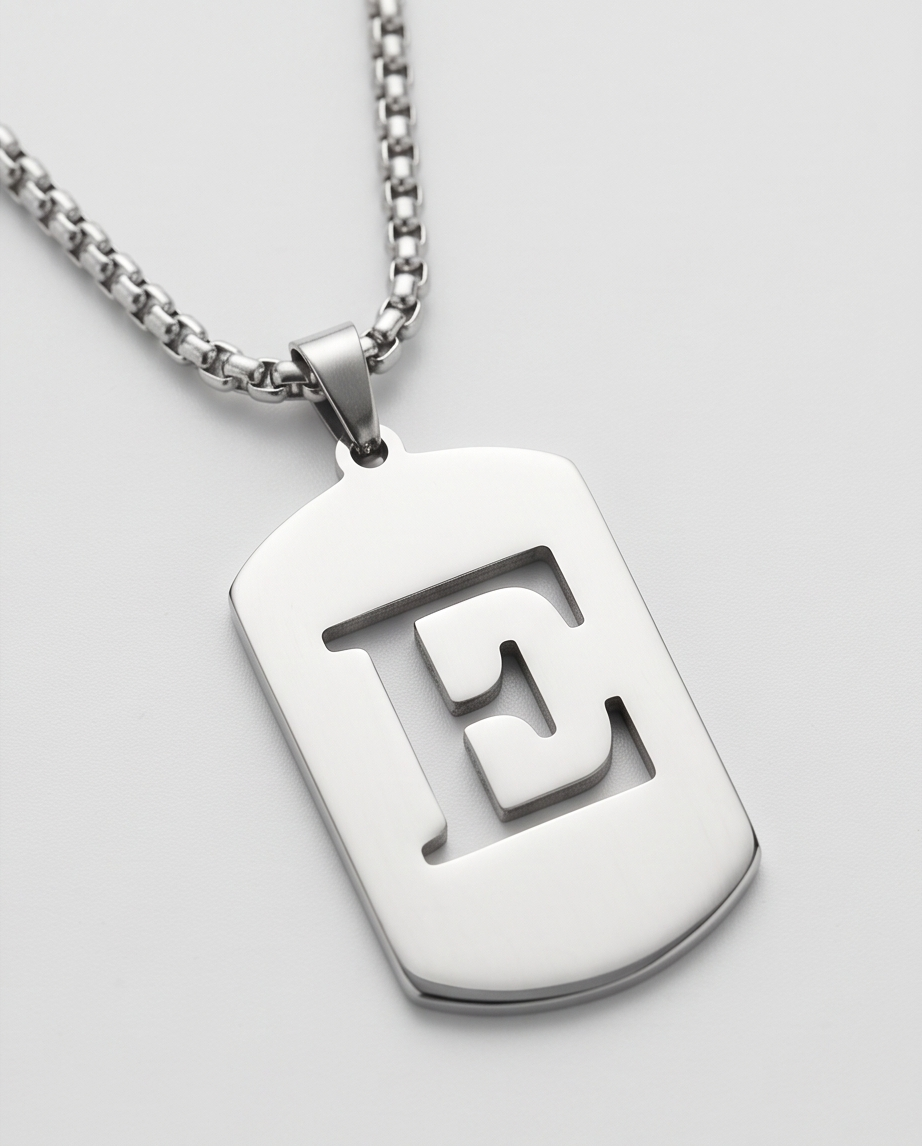 20' Diamond Cut Out Mirror Stainless Steel "E" initial Dog Tag Necklace