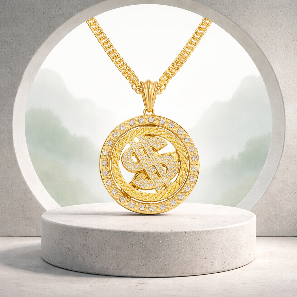 A06 Luxury Gold Dollar Sign Spinners Necklace
