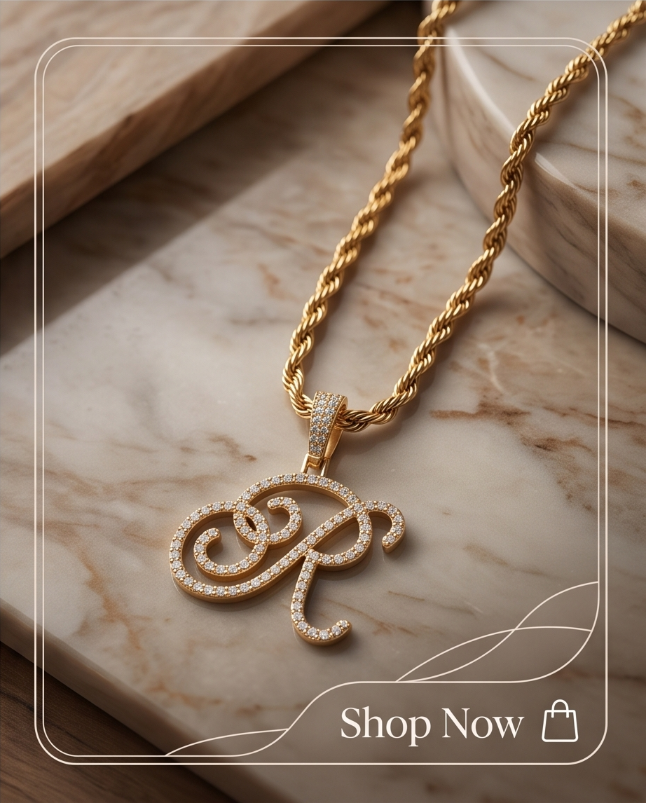 Large Multi-Cubic Gold Zirconia Shaped Letter "R" With Red Box and Option for Herringbone Necklace (Limited of Edition) $27.99 Elegance Gold Necklace